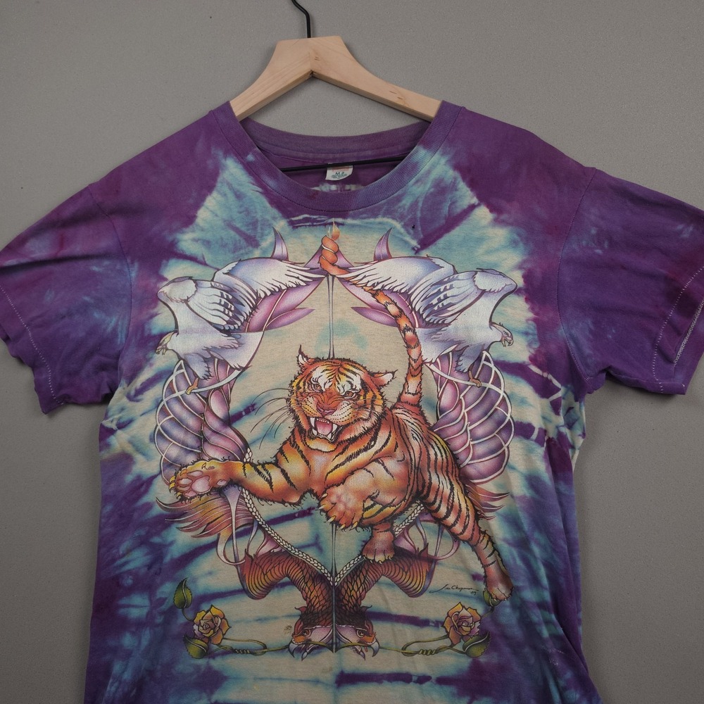 Vintage 1989 Lisa Chapman Tiger Doves Tie Dye T-Shirt Purple Single Stitch USA M